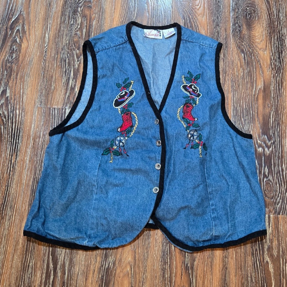 Access XL Denim Vest Womens Blue Western Embroidered Cowboy Boot Christmas